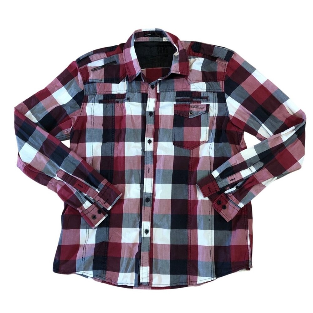 Jack & Jones Shirt Mens Plaid Button Up XL Red Gray Pocket
